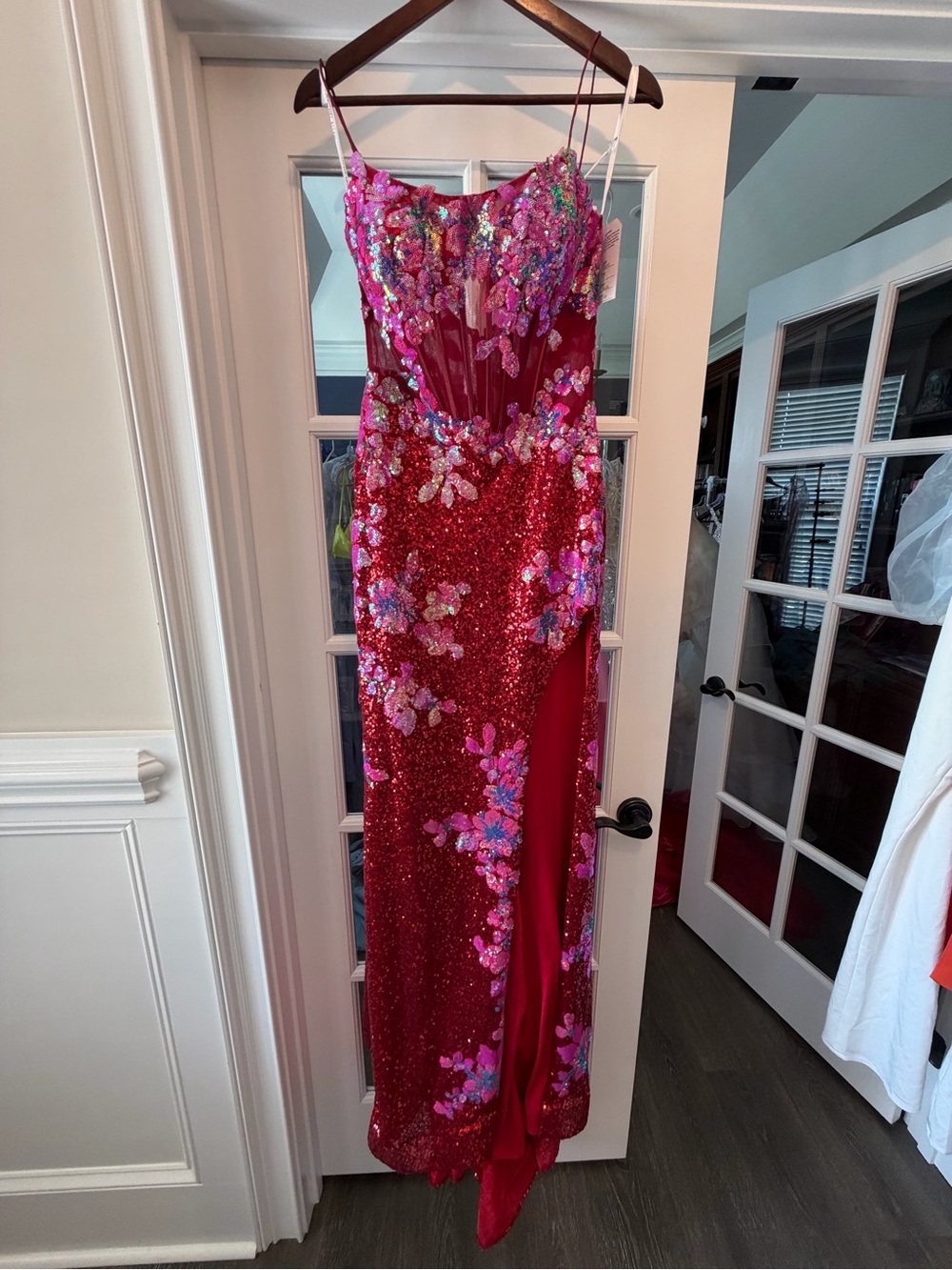 Red Sequin Gown with Pink Floral Appliqué - Picture 3 of 5